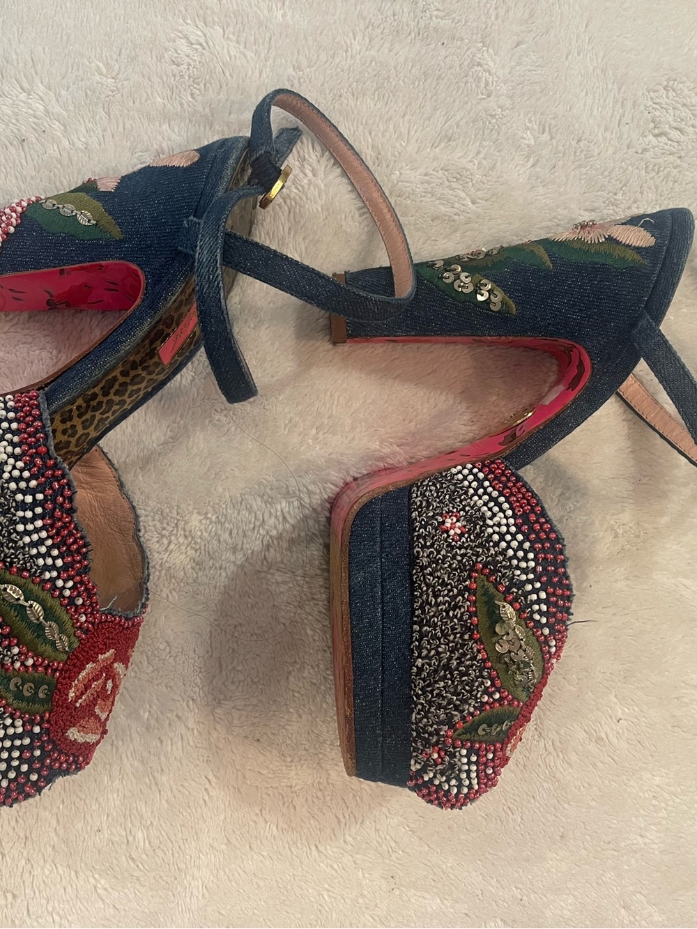 Vintage Betsey Johnson. Denim and beaded peep-toe platform. - Picture 2 of 9